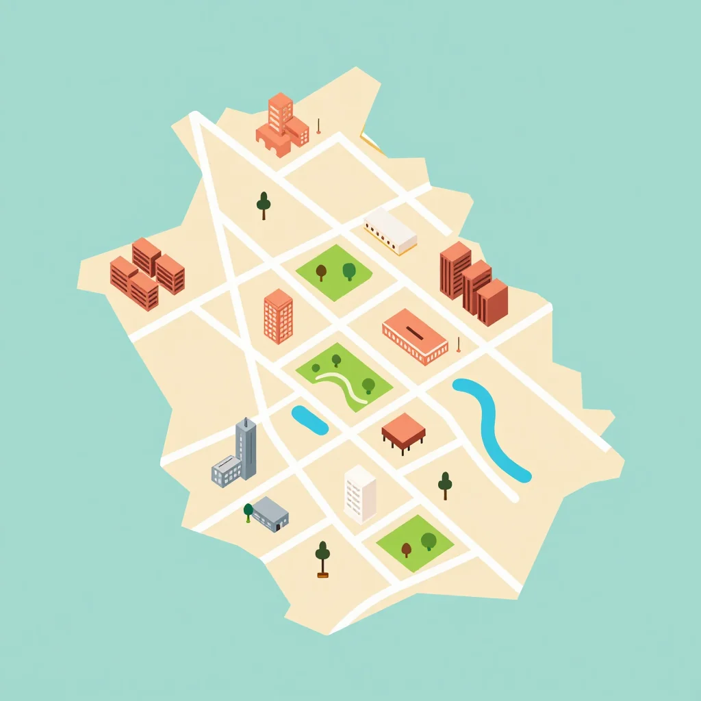 Isometric flat design tourist map of Guayaramerín, Bolivia showing landmarks, attractions, and points of interest