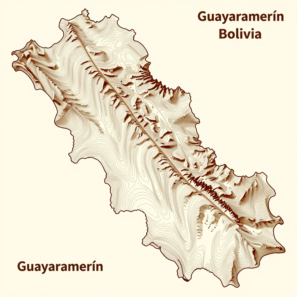 3D topographic map showing elevation contours, mountain ranges, and terrain features of Guayaramerín, Bolivia
