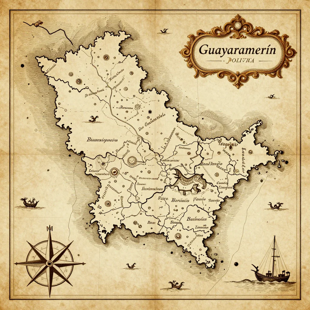 Antique vintage map of Guayaramerín, Bolivia showing historical cartography style