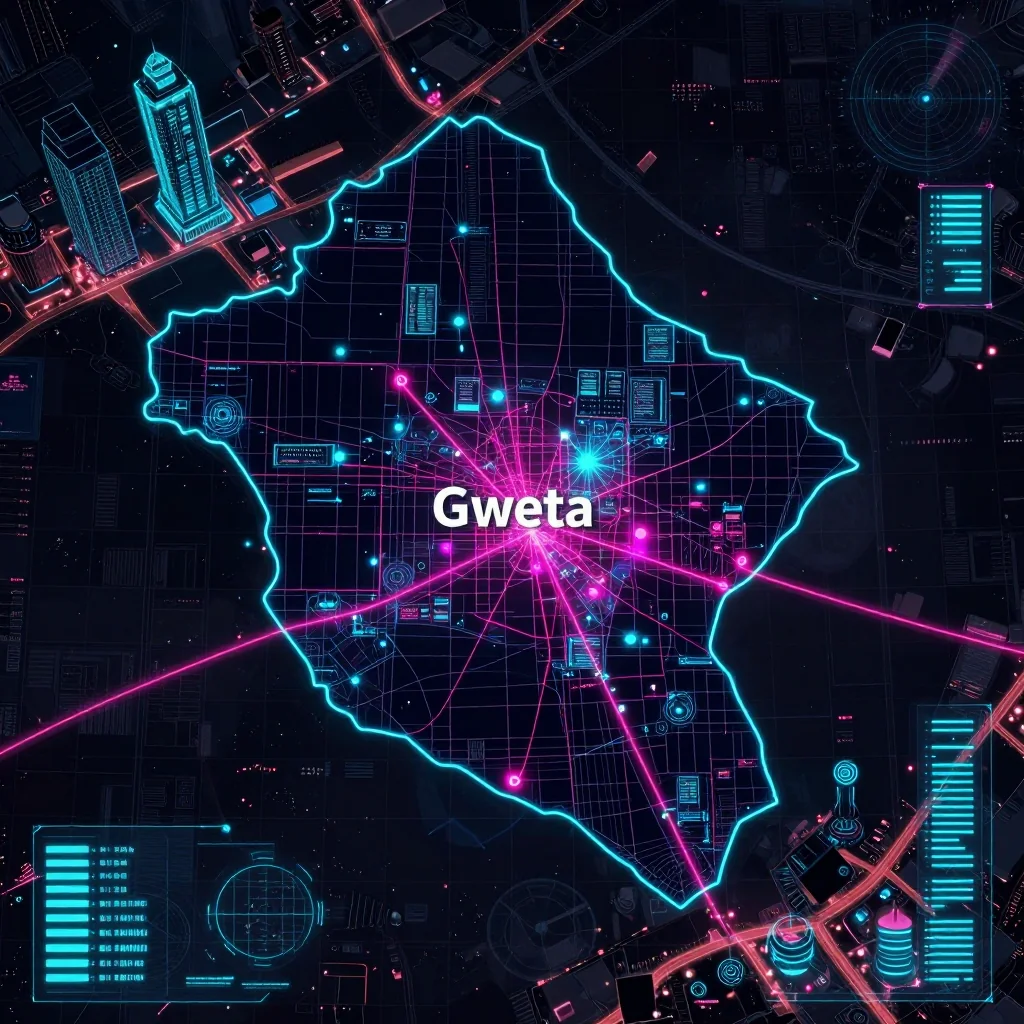 Futuristic Cyberpunk Map of Gweta, Botswana Cyberpunk style digital map of Gweta, Botswana with neon grid lines and futuristic UI design