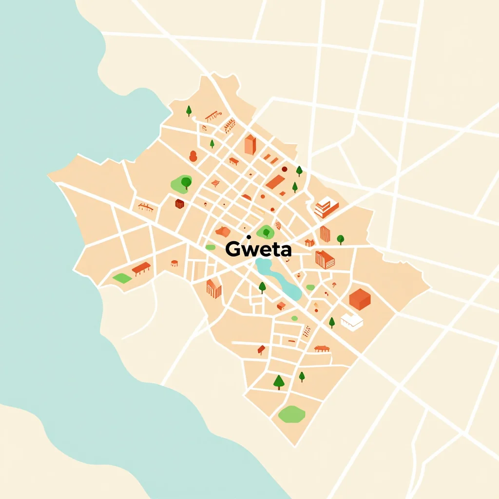 Isometric Tourist Map of Gweta, Botswana - Flat Design Isometric flat design tourist map of Gweta, Botswana showing landmarks, attractions, and points of interest