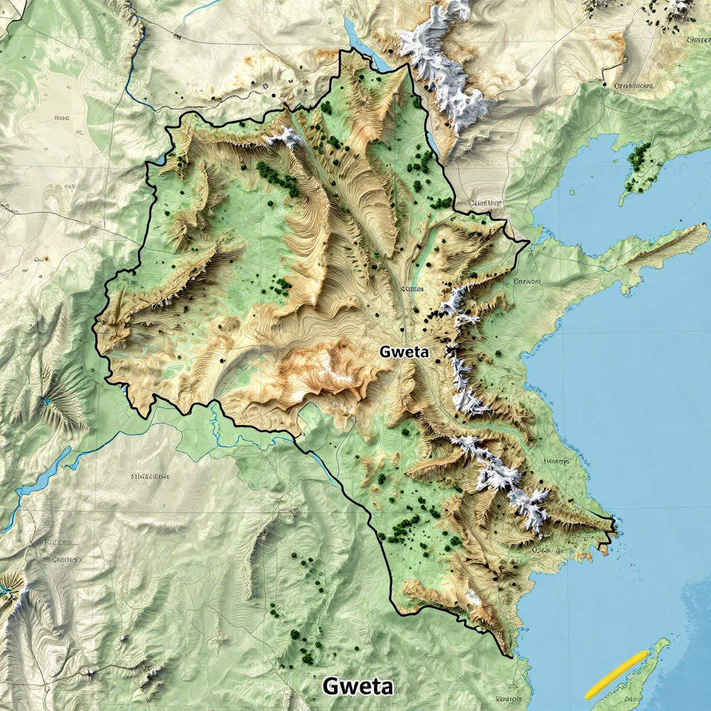 Physical Geography Map of Gweta, Botswana Physical geography map showing terrain, mountains, rivers, and natural features of Gweta, Botswana
