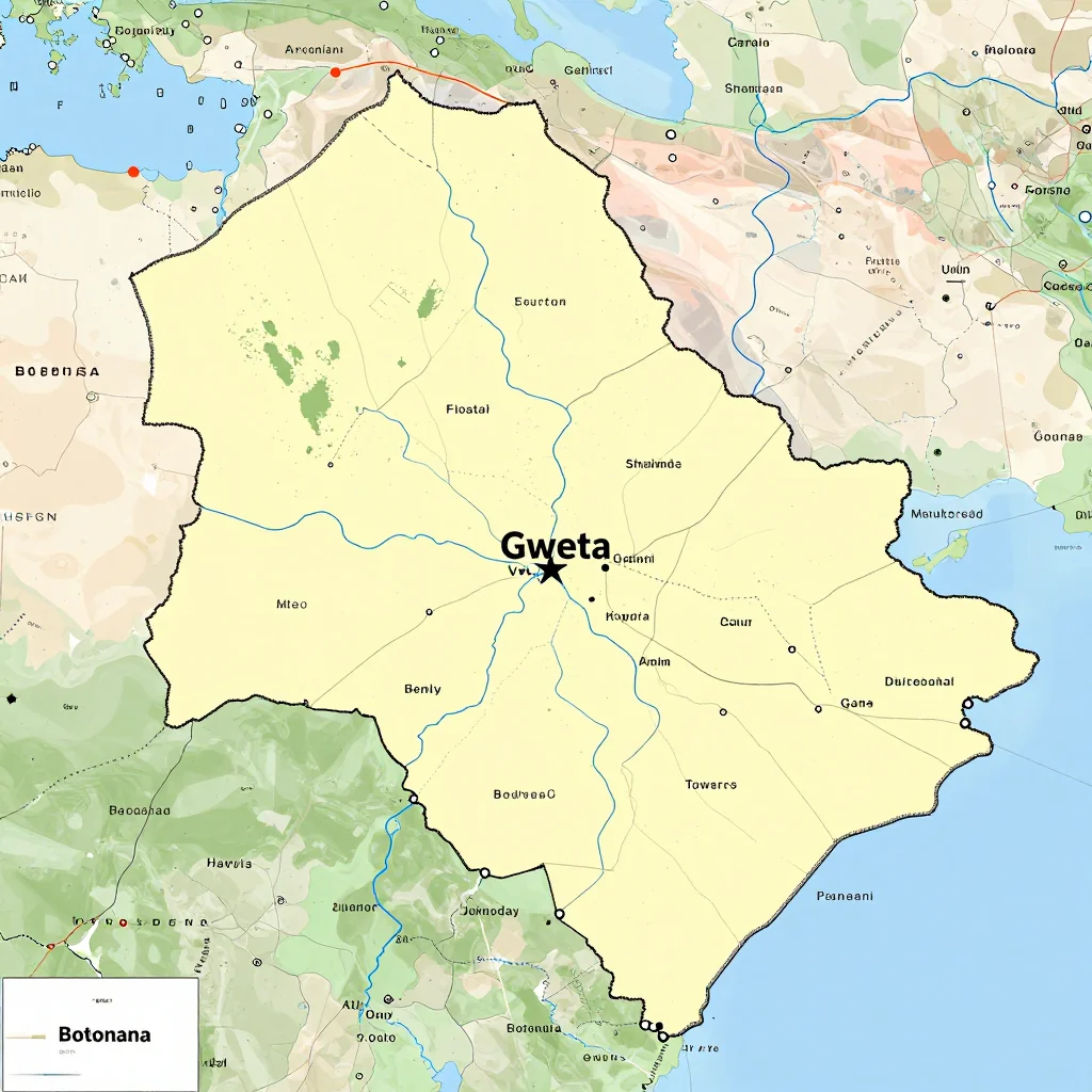 Political Map of Gweta, Botswana - Administrative Boundaries Political map showing borders, administrative divisions, major cities, and capital of Gweta, Botswana
