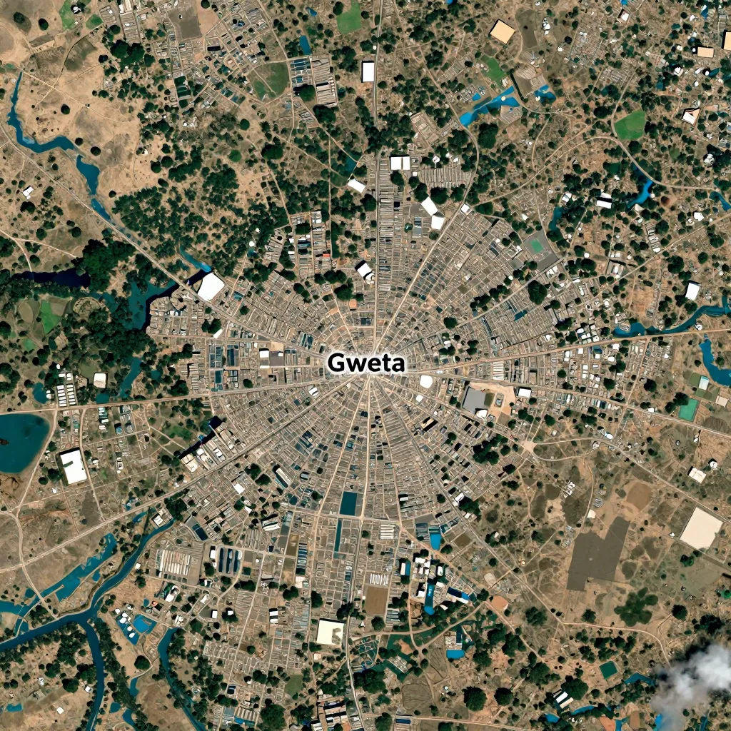Satellite View of Gweta, Botswana from Space High-resolution satellite image of Gweta, Botswana showing land cover, urban areas, and natural features from space