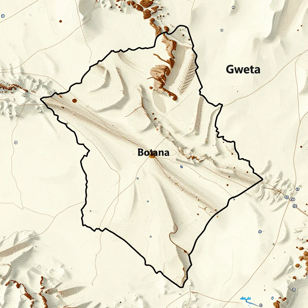 Topographic Relief Map of Gweta, Botswana 3D topographic map showing elevation contours, mountain ranges, and terrain features of Gweta, Botswana