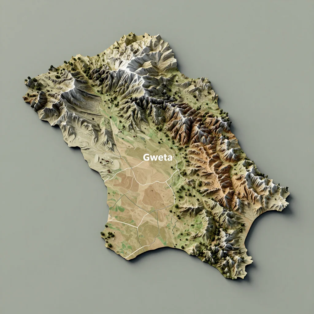3D Isometric Topographic Map of Gweta, Botswana Isometric 3D topographic visualization showing elevation and terrain of Gweta, Botswana
