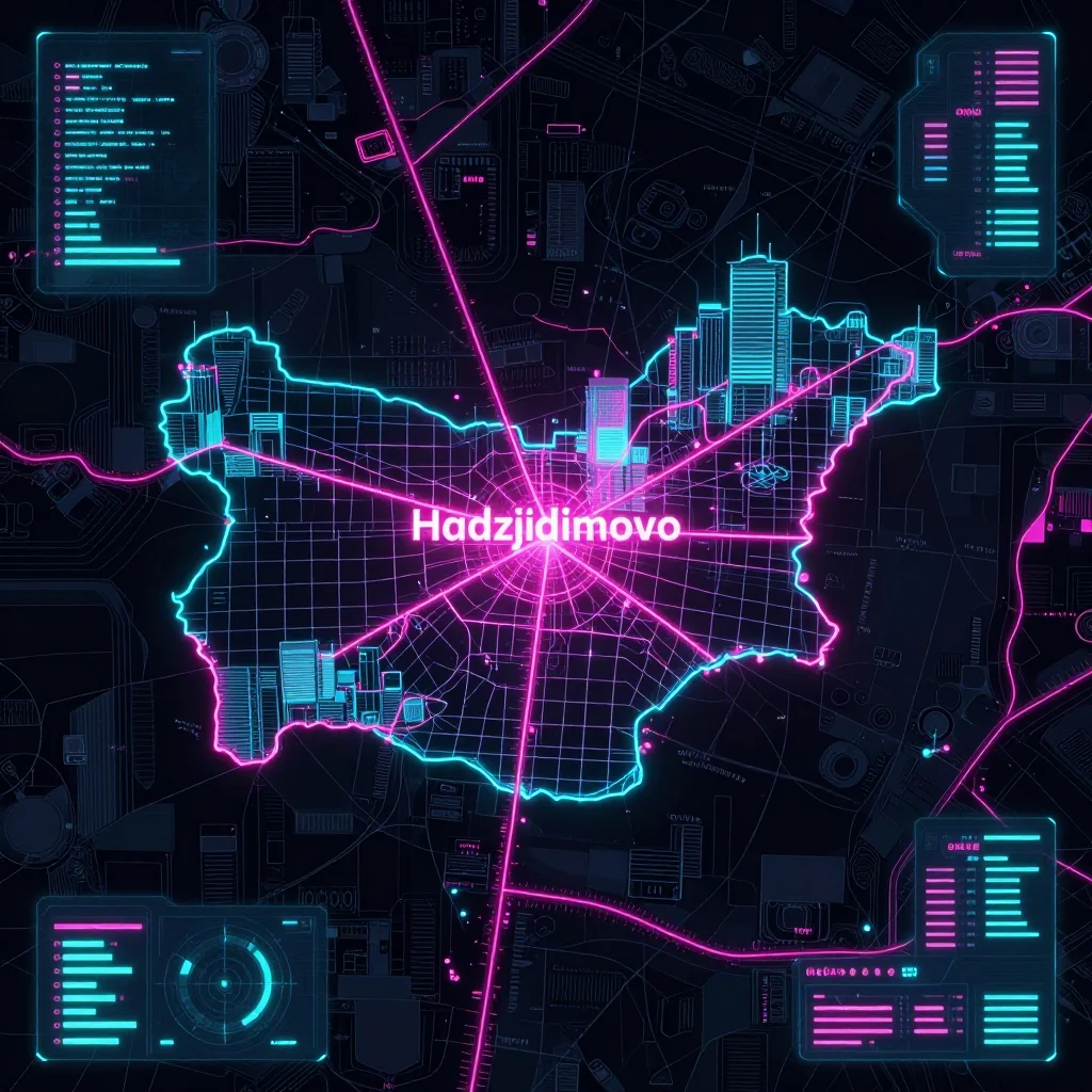 Cyberpunk style digital map of Hadzhidimovo, Bulgaria with neon grid lines and futuristic UI design