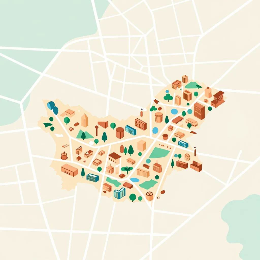 Isometric flat design tourist map of Hadzhidimovo, Bulgaria showing landmarks, attractions, and points of interest