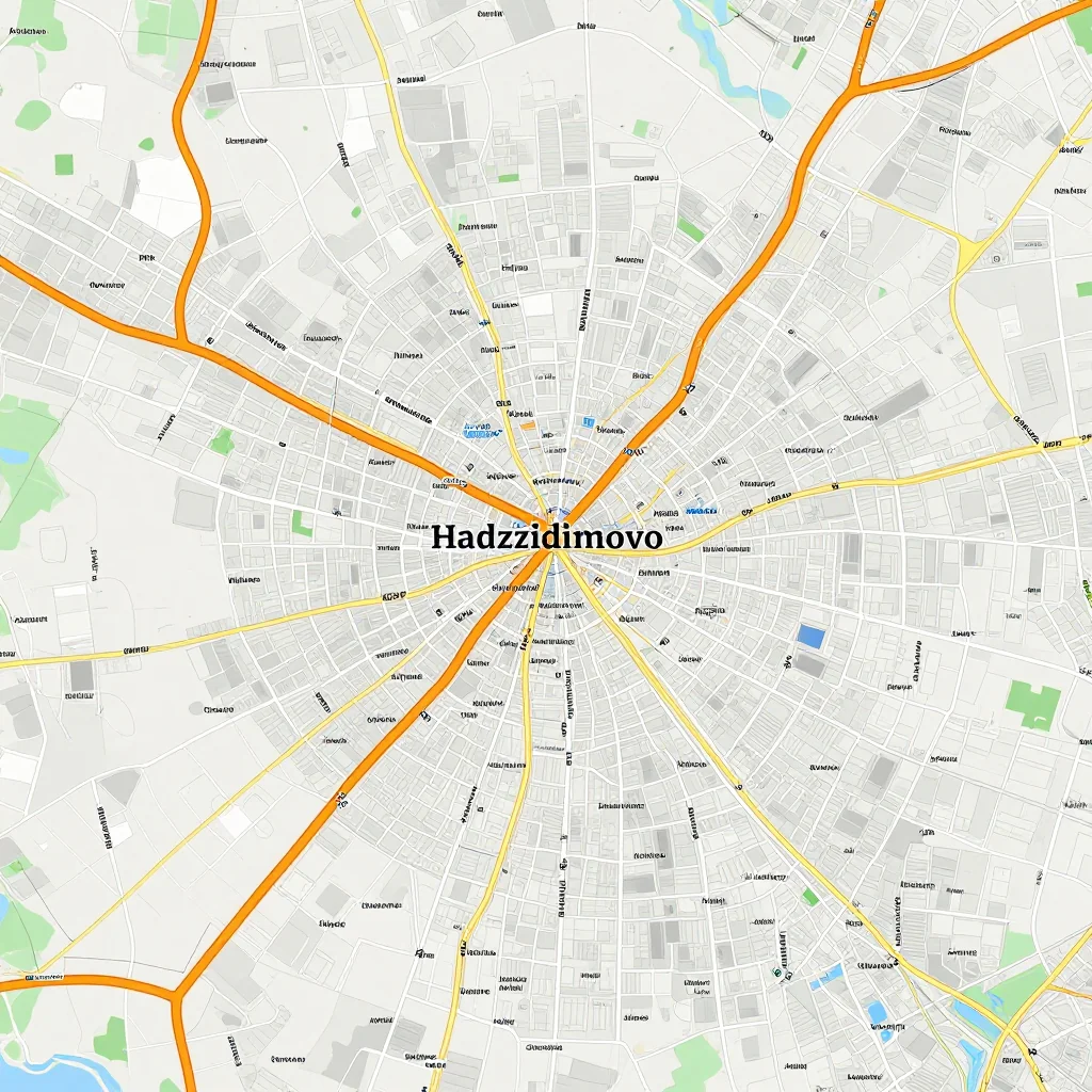 Detailed street map showing roads, highways, neighborhoods, and urban layout of Hadzhidimovo, Bulgaria