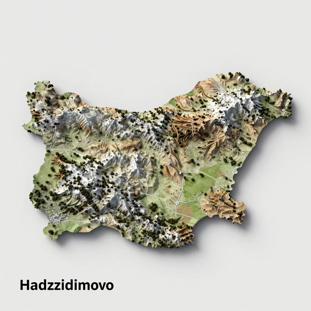 Isometric 3D topographic visualization showing elevation and terrain of Hadzhidimovo, Bulgaria
