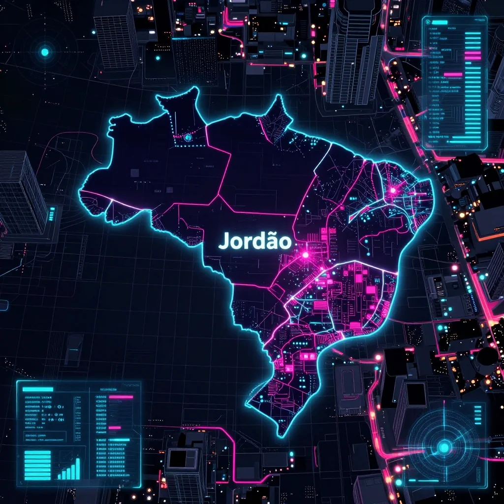 Cyberpunk style digital map of Jordão, Brazil with neon grid lines and futuristic UI design
