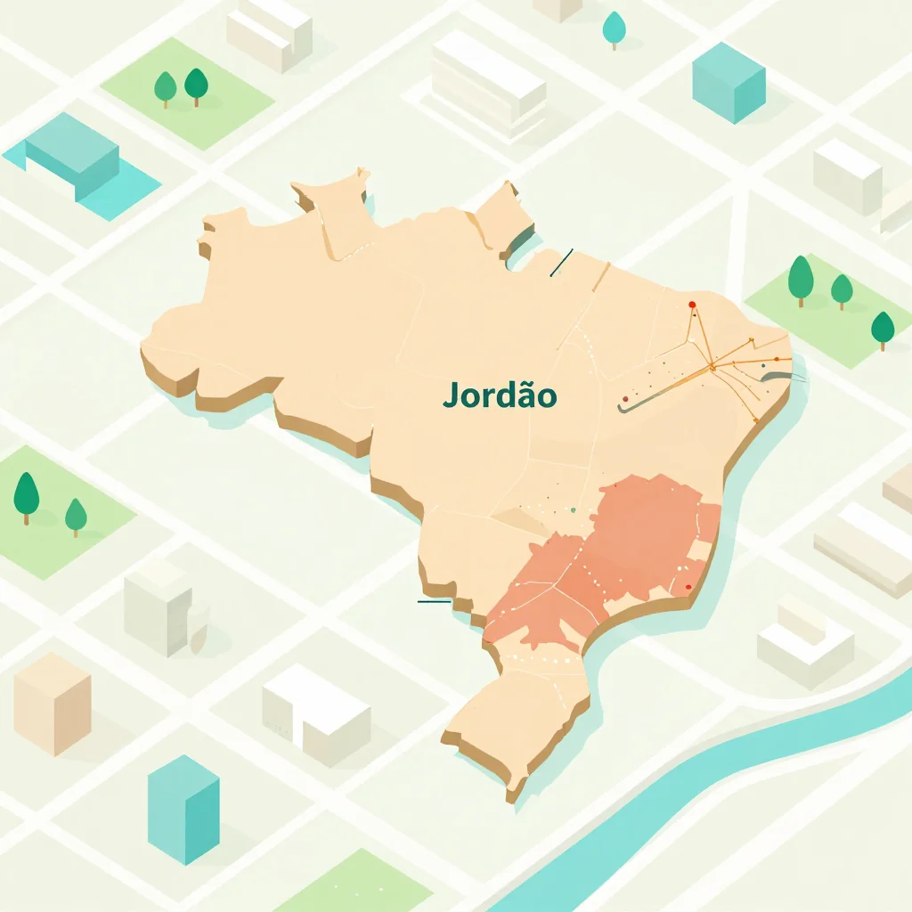 Isometric flat design tourist map of Jordão, Brazil showing landmarks, attractions, and points of interest