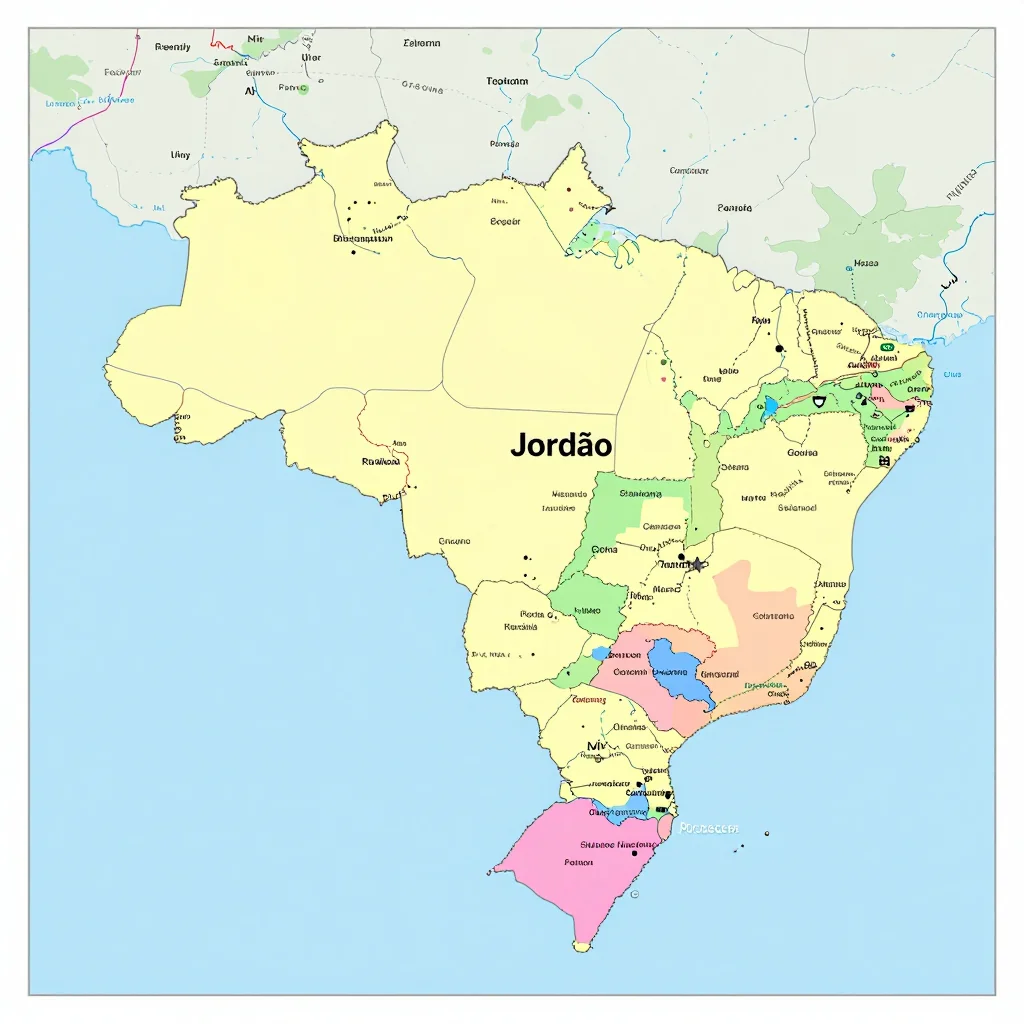 Political map showing borders, administrative divisions, major cities, and capital of Jordão, Brazil