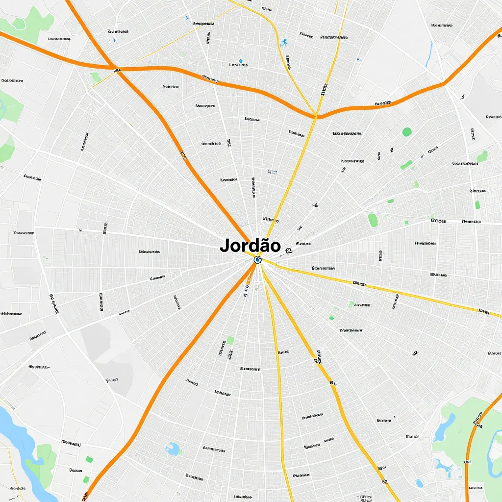Detailed street map showing roads, highways, neighborhoods, and urban layout of Jordão, Brazil