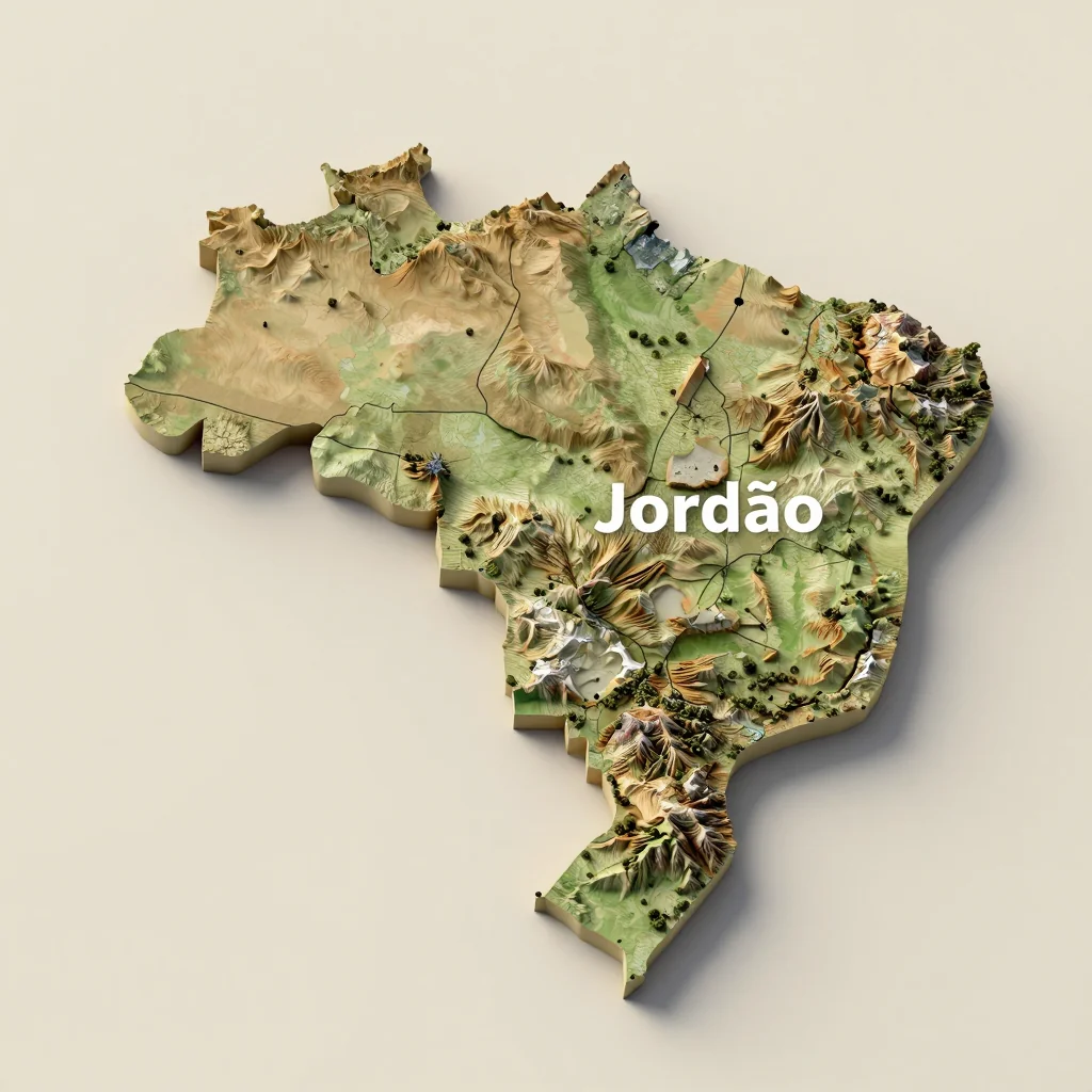 Isometric 3D topographic visualization showing elevation and terrain of Jordão, Brazil