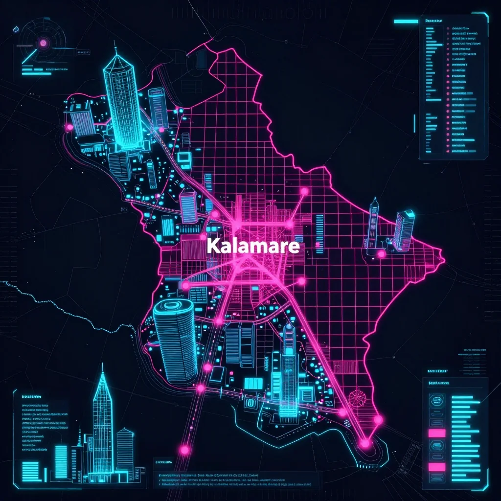 Cyberpunk style digital map of Kalamare, Botswana with neon grid lines and futuristic UI design