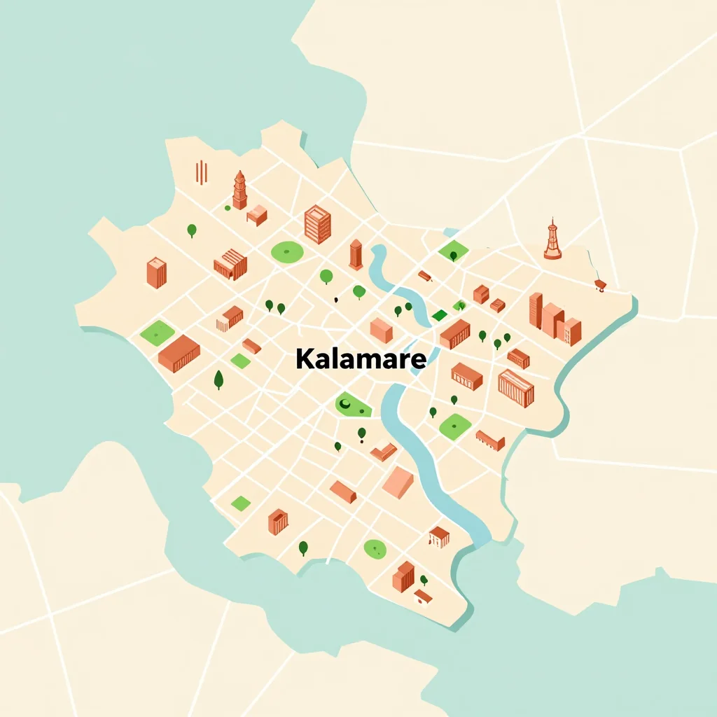 Isometric flat design tourist map of Kalamare, Botswana showing landmarks, attractions, and points of interest