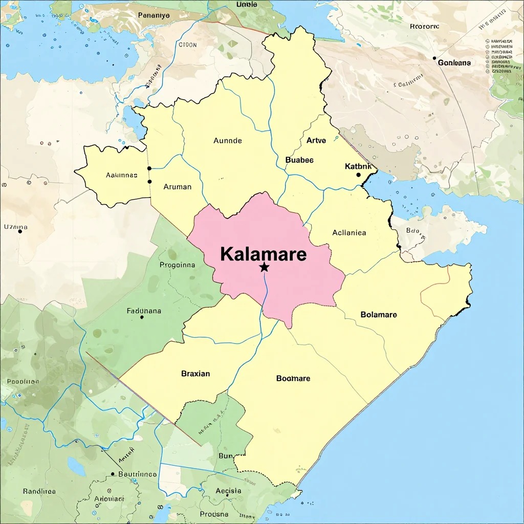 Political map showing borders, administrative divisions, major cities, and capital of Kalamare, Botswana