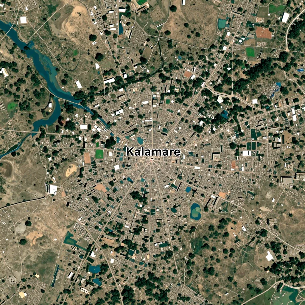 High-resolution satellite image of Kalamare, Botswana showing land cover, urban areas, and natural features from space