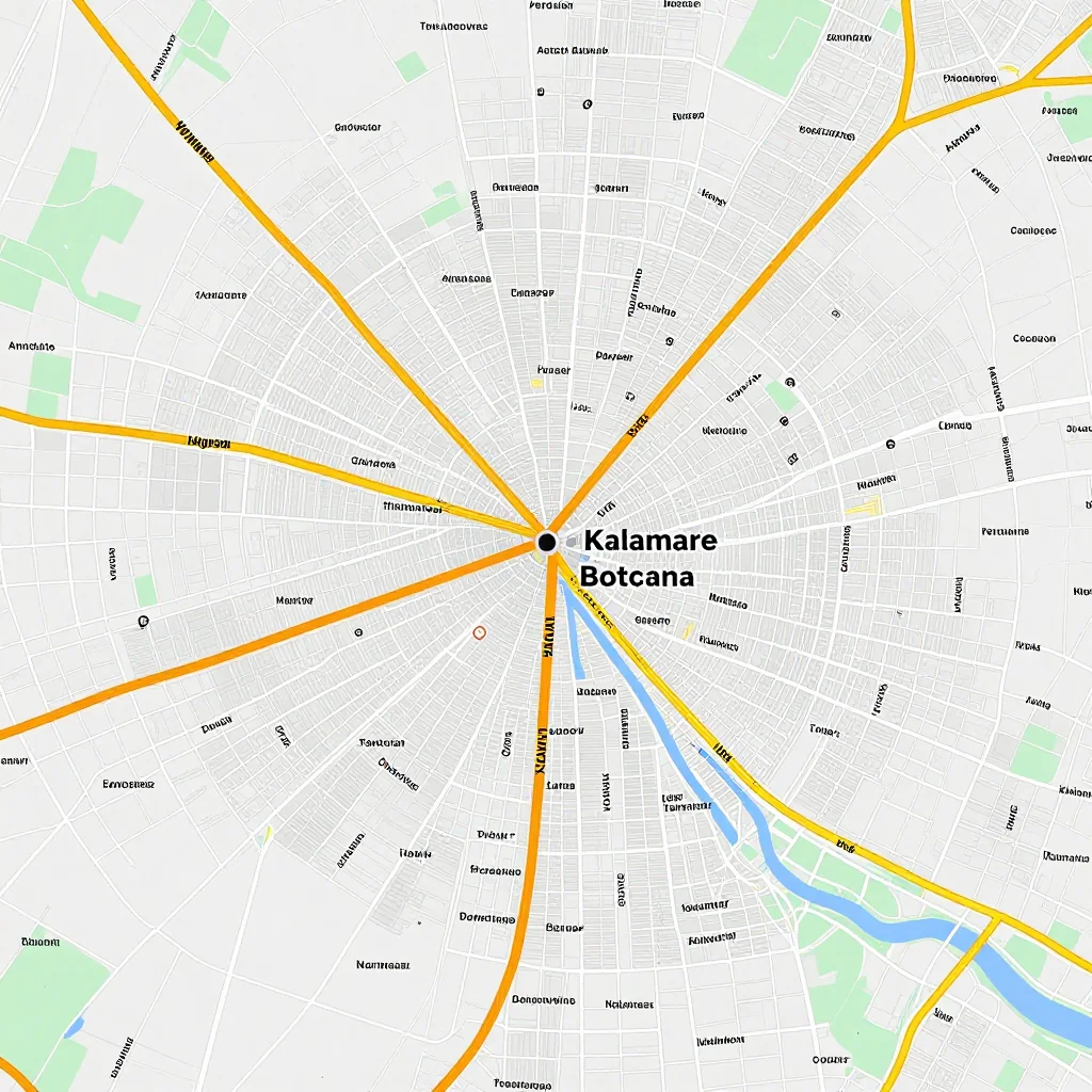 Detailed street map showing roads, highways, neighborhoods, and urban layout of Kalamare, Botswana