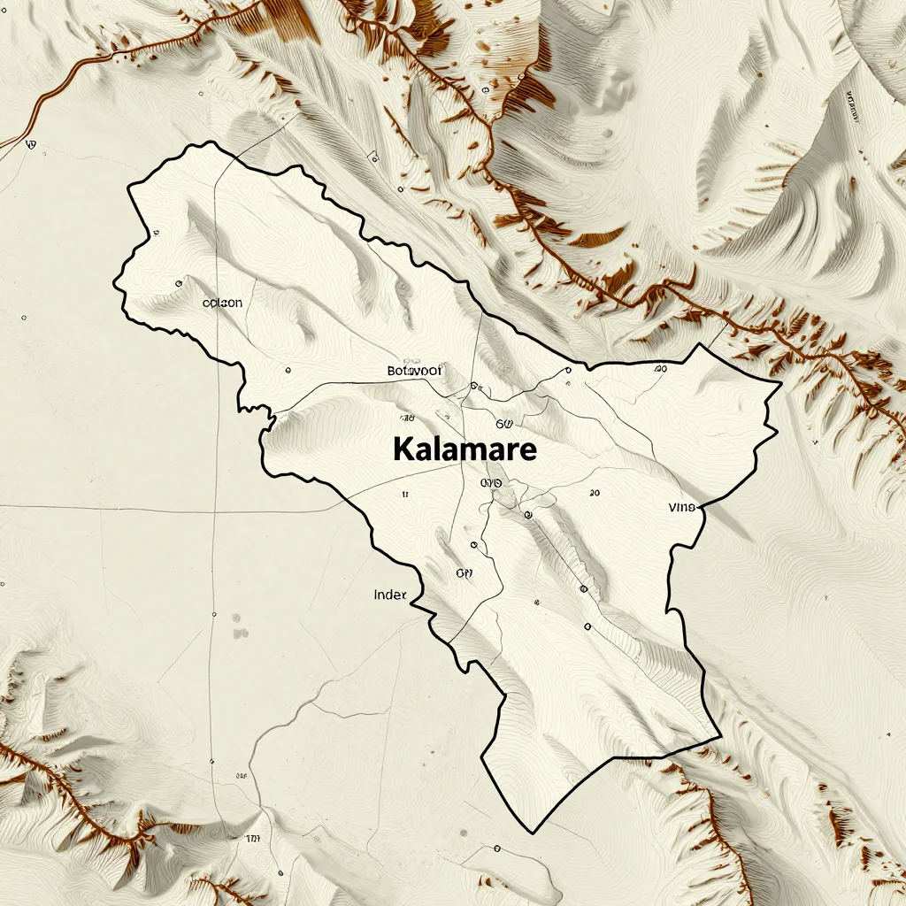 3D topographic map showing elevation contours, mountain ranges, and terrain features of Kalamare, Botswana