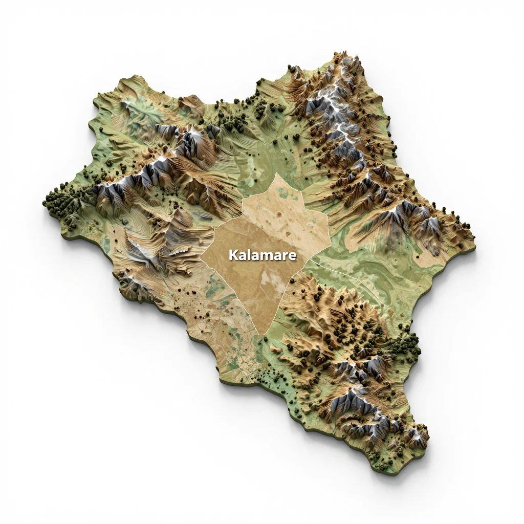 Isometric 3D topographic visualization showing elevation and terrain of Kalamare, Botswana