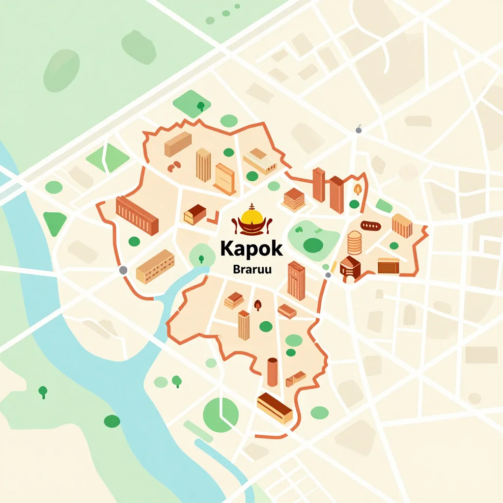 Isometric flat design tourist map of Kapok, Brunei showing landmarks, attractions, and points of interest