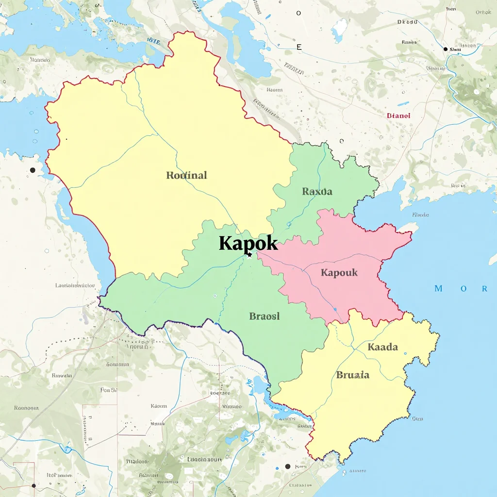 Political map showing borders, administrative divisions, major cities, and capital of Kapok, Brunei