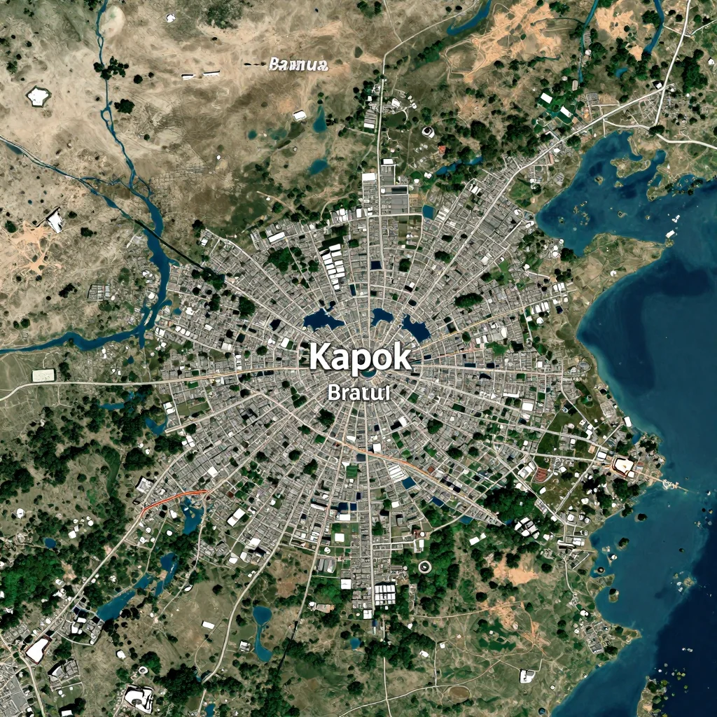 High-resolution satellite image of Kapok, Brunei showing land cover, urban areas, and natural features from space