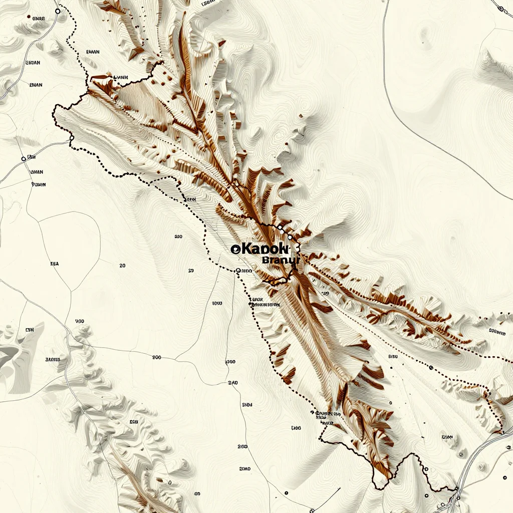 3D topographic map showing elevation contours, mountain ranges, and terrain features of Kapok, Brunei