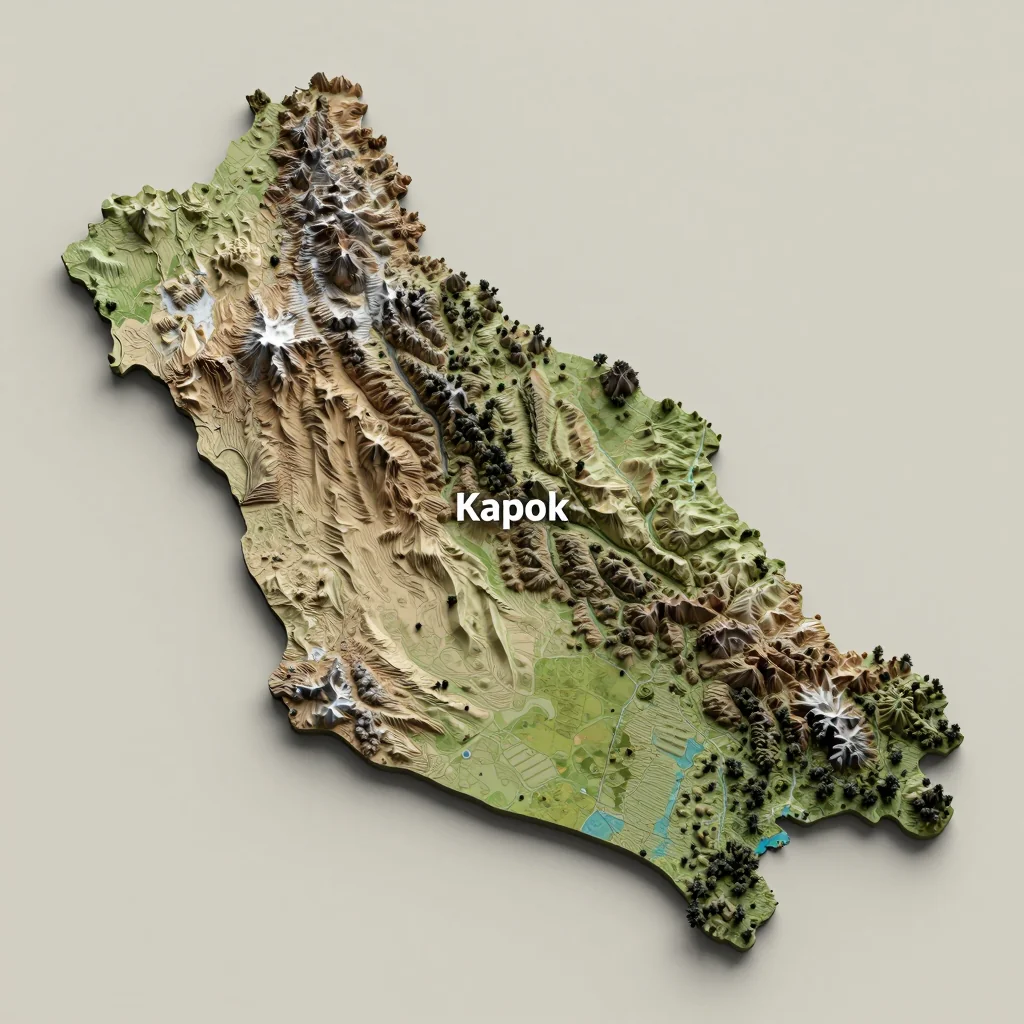 Isometric 3D topographic visualization showing elevation and terrain of Kapok, Brunei