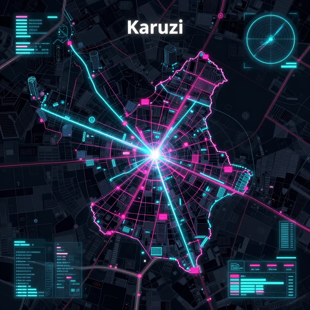 Cyberpunk style digital map of Karuzi, Burundi with neon grid lines and futuristic UI design