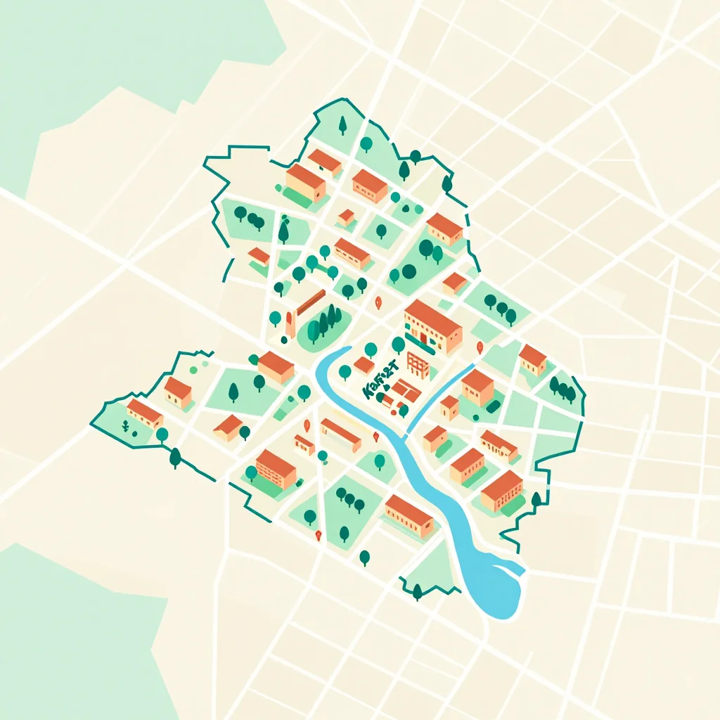Isometric flat design tourist map of Karuzi, Burundi showing landmarks, attractions, and points of interest
