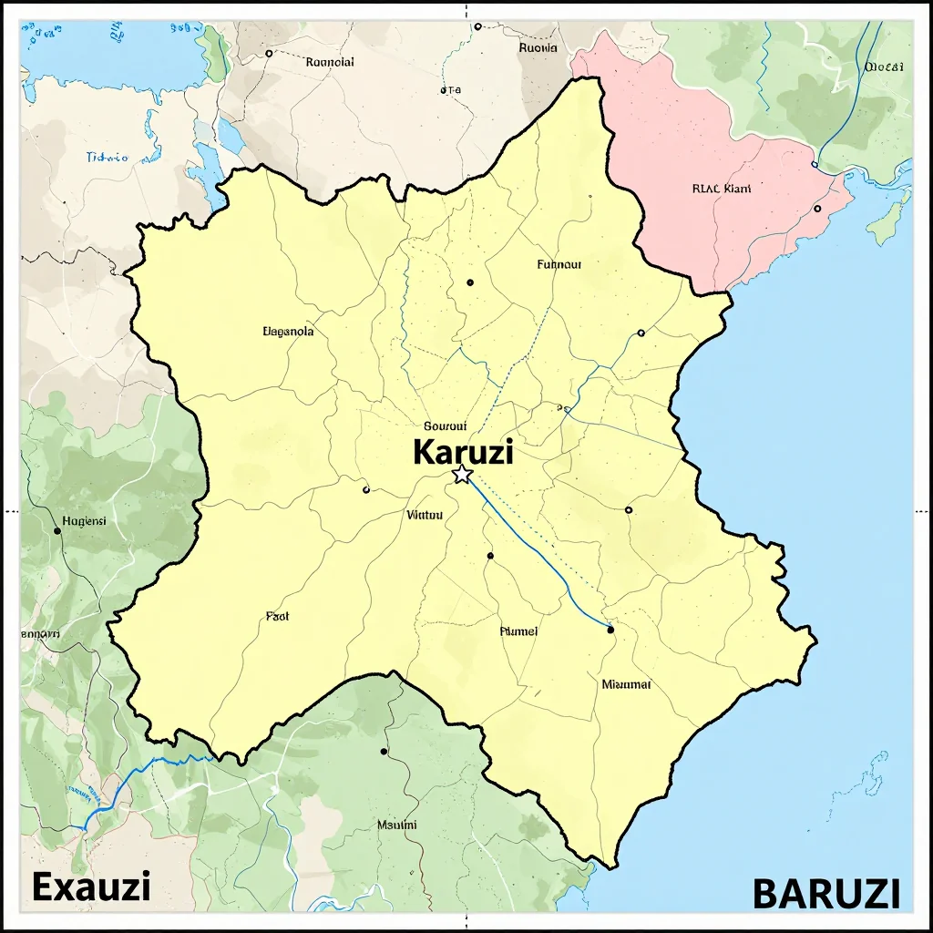Political map showing borders, administrative divisions, major cities, and capital of Karuzi, Burundi
