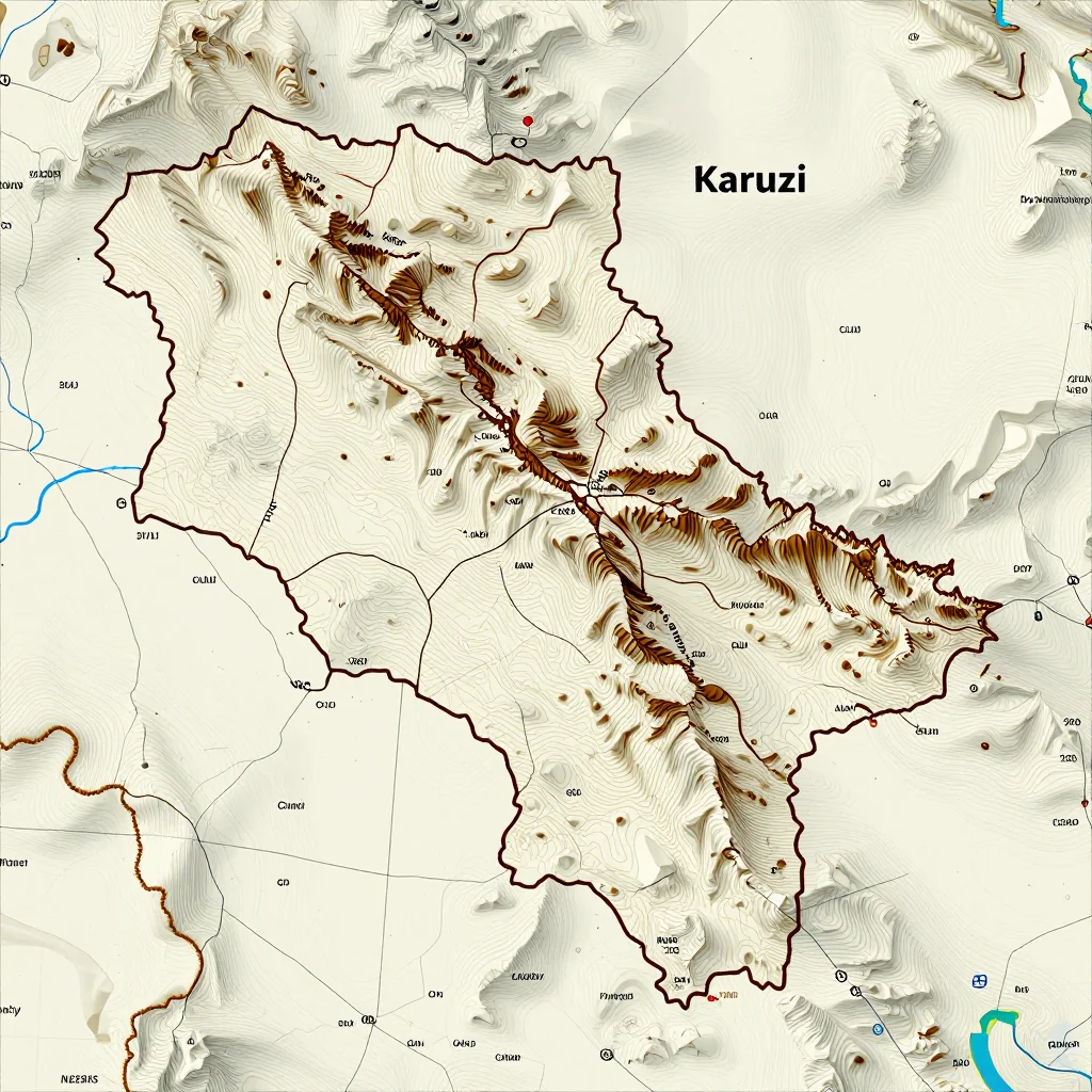 3D topographic map showing elevation contours, mountain ranges, and terrain features of Karuzi, Burundi
