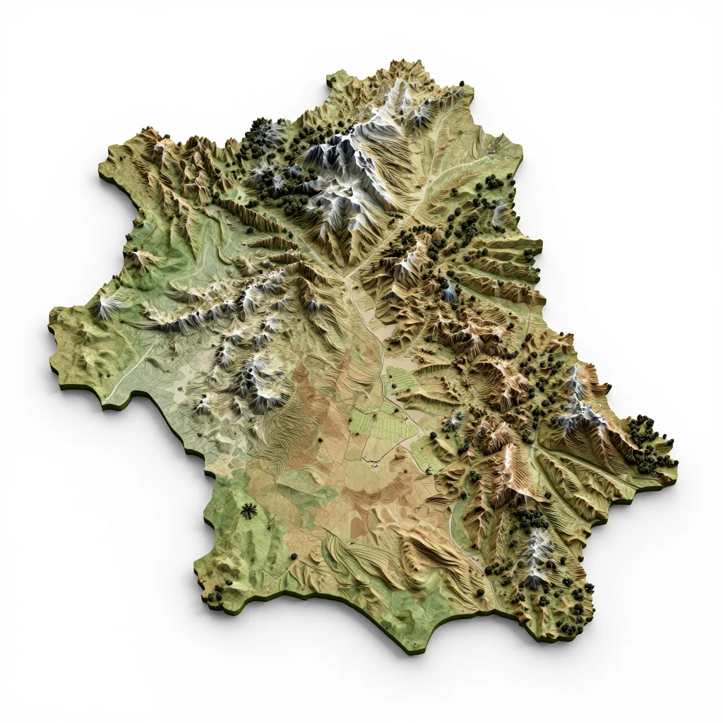 Isometric 3D topographic visualization showing elevation and terrain of Karuzi, Burundi