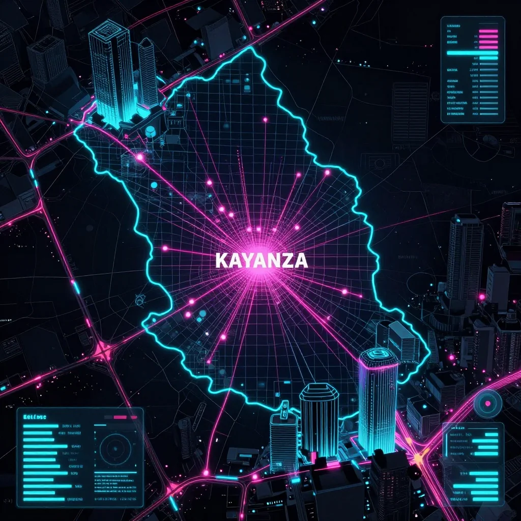 Cyberpunk style digital map of Kayanza, Burundi with neon grid lines and futuristic UI design