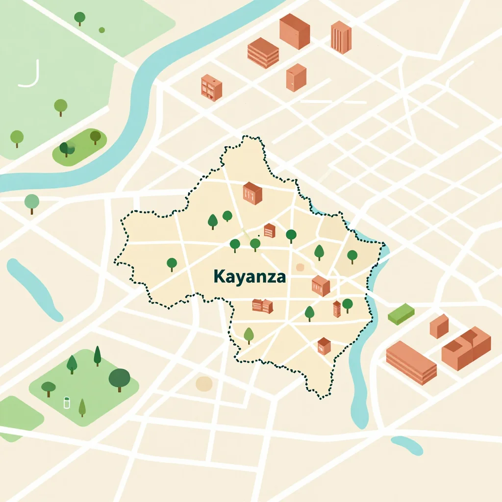 Isometric flat design tourist map of Kayanza, Burundi showing landmarks, attractions, and points of interest