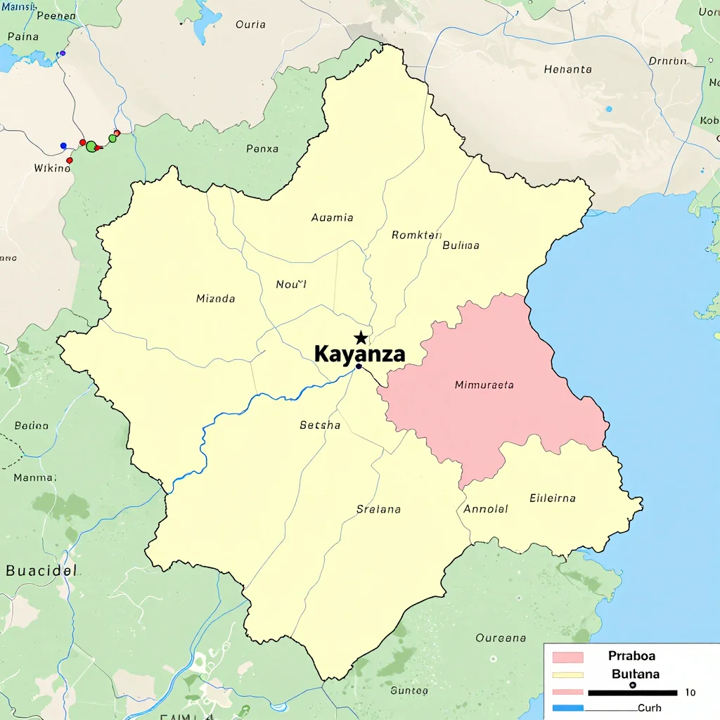 Political map showing borders, administrative divisions, major cities, and capital of Kayanza, Burundi