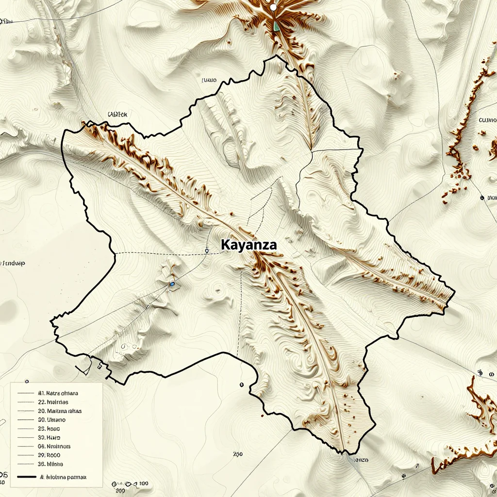 3D topographic map showing elevation contours, mountain ranges, and terrain features of Kayanza, Burundi