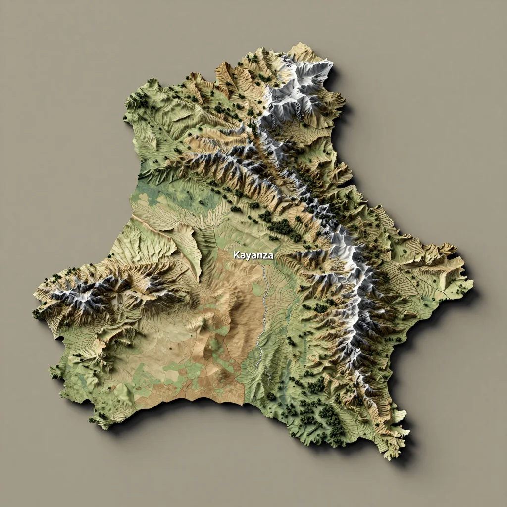 Isometric 3D topographic visualization showing elevation and terrain of Kayanza, Burundi