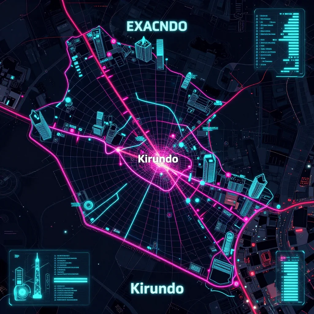 Cyberpunk style digital map of Kirundo, Burundi with neon grid lines and futuristic UI design