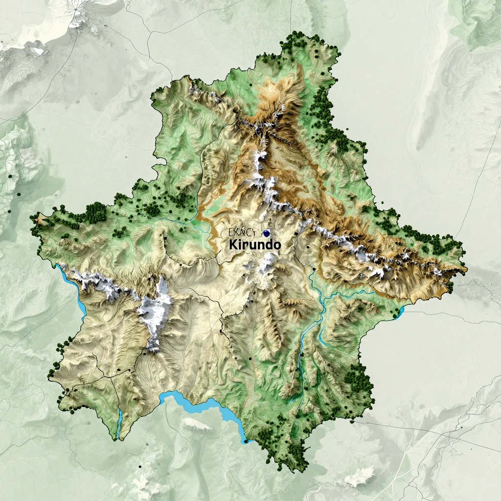 Physical geography map showing terrain, mountains, rivers, and natural features of Kirundo, Burundi