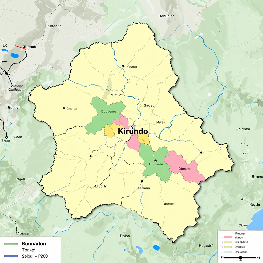 Political map showing borders, administrative divisions, major cities, and capital of Kirundo, Burundi