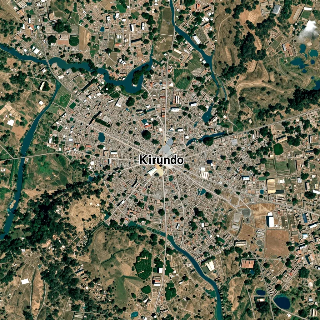 High-resolution satellite image of Kirundo, Burundi showing land cover, urban areas, and natural features from space
