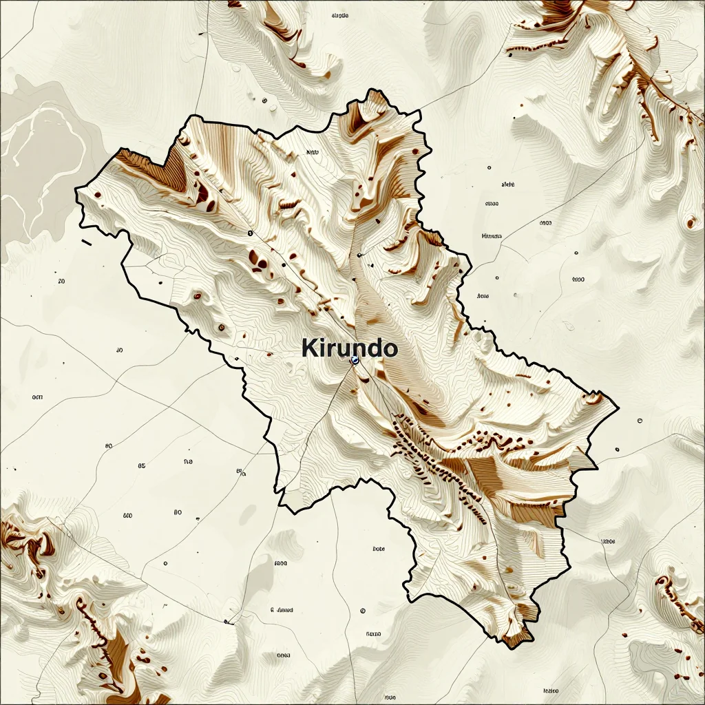 3D topographic map showing elevation contours, mountain ranges, and terrain features of Kirundo, Burundi