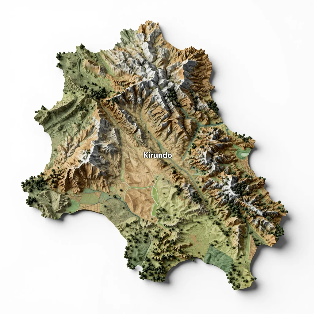 Isometric 3D topographic visualization showing elevation and terrain of Kirundo, Burundi