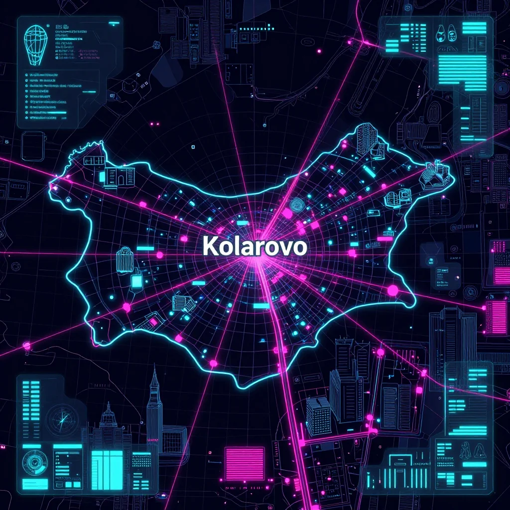 Cyberpunk style digital map of Kolarovo, Bulgaria with neon grid lines and futuristic UI design