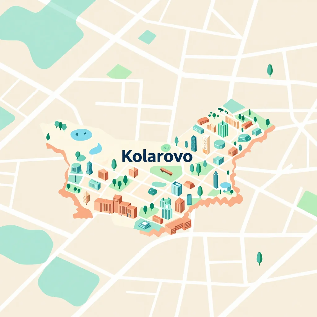 Isometric flat design tourist map of Kolarovo, Bulgaria showing landmarks, attractions, and points of interest