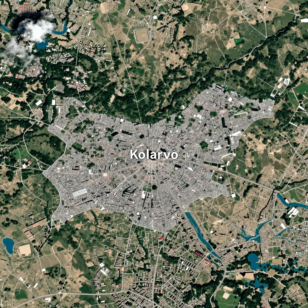 High-resolution satellite image of Kolarovo, Bulgaria showing land cover, urban areas, and natural features from space